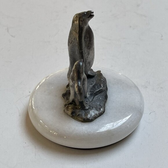 Pewter Penguin Figurine on Marble Base Pair Mama Chic Paperweight Decor - Picture 4 of 7